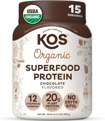 Kos Plant Based Protein Powder, Chocolate Usda Organic - Low Carb Pea Protein Blend, Vegan Superfood With Vitamins & Minerals - Keto, Soy, Dairy Free - Meal Replacement For Women & Men - 15 Servings