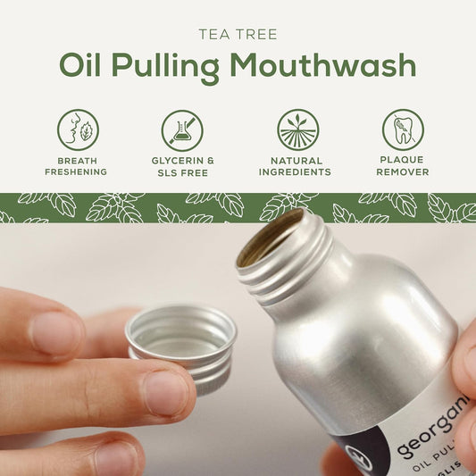 Georganics Whitening Oil Pulling Mouthwash - Tea Tree Flavoured - Plaque-Reducing Coconut Oil Blend - 100% Natural Ingredients - Sls, Glycerine & Fluoride Free - Organic, Vegan, Cruelty-Free - 275Ml