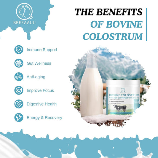 Bovine Colostrum Supplement 2000Mg, Colostrum Powder 40% Igg Immunoglobulins For Immune Support, Hair Growth, Gut Health, Muscle, Energy - 100% Grass Fed, Gluten-Free, Non-Gmo, 120 Grams