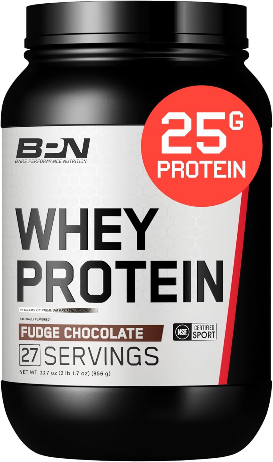 Bare Performance Nutrition, Bpn Whey Protein + Casein Protein Powder Blend, Fudge Chocolate, 25G Protein Per Serving Supports Lean Muscle Recovery, 27 Servings, Third Party Tested