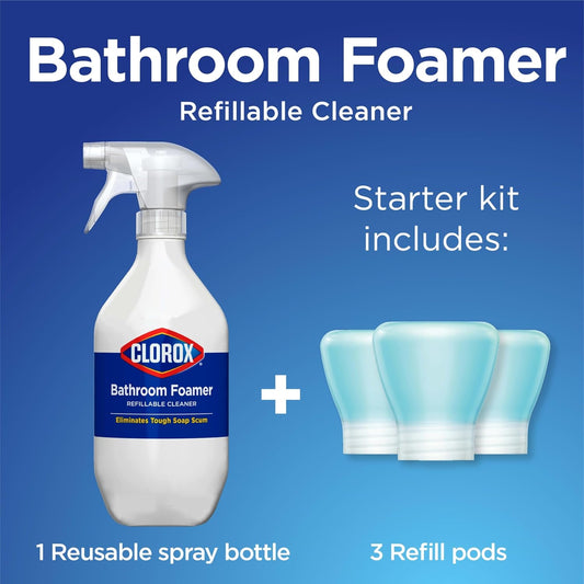 Clorox Bathroom Foamer Refillable Cleaner, Household Essentials, 1 Bottle And 3 Refill, Rain Clean, 1.13 Fl Oz