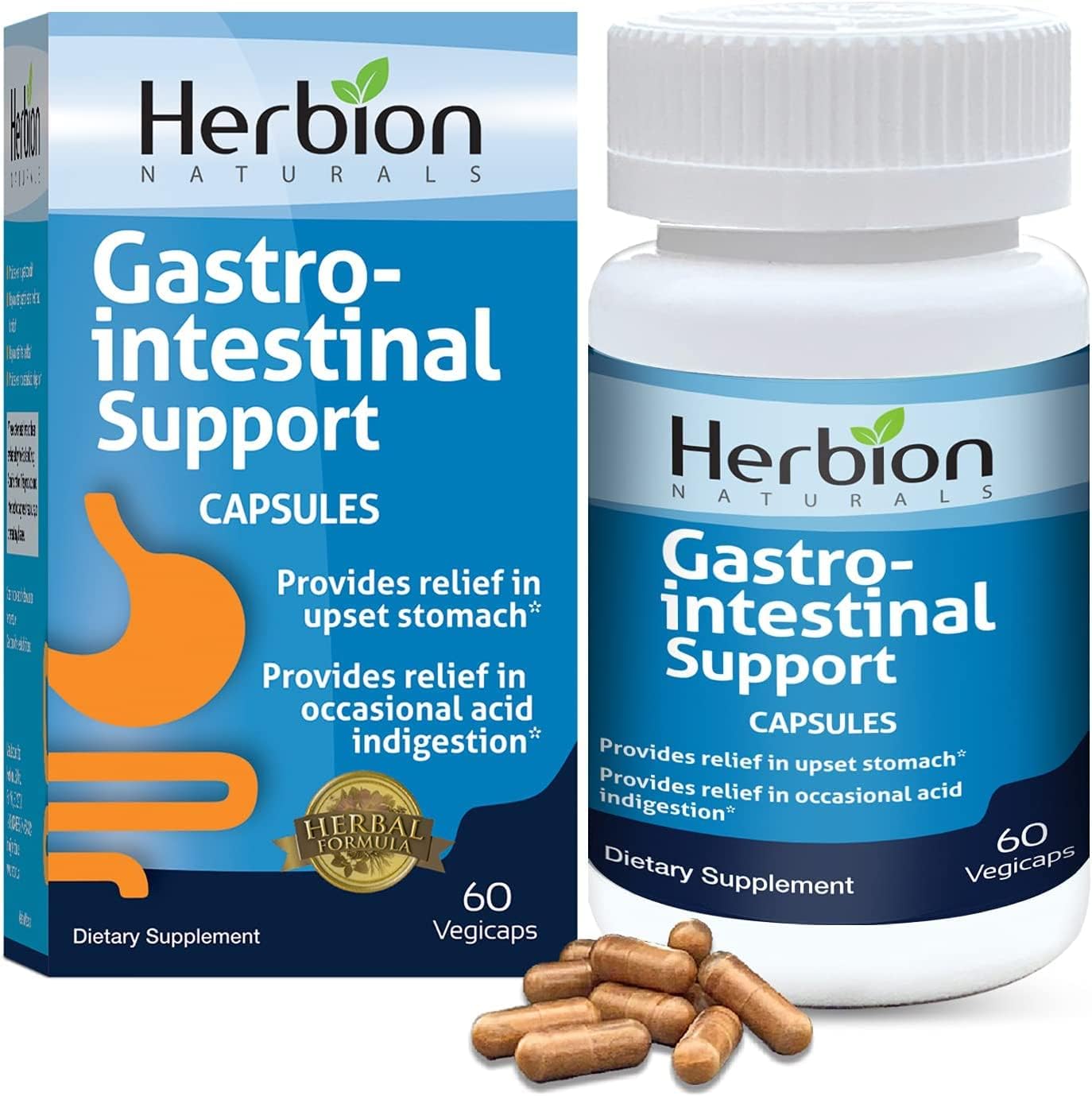 Herbion Naturals Gastro-intestinal Support Herbal Blend for Upset Stomach Relief, Gastrointestinal Health and Function, Occasional Acid Indigestion, Healthy Intestinal Flora, 60 Vegicaps