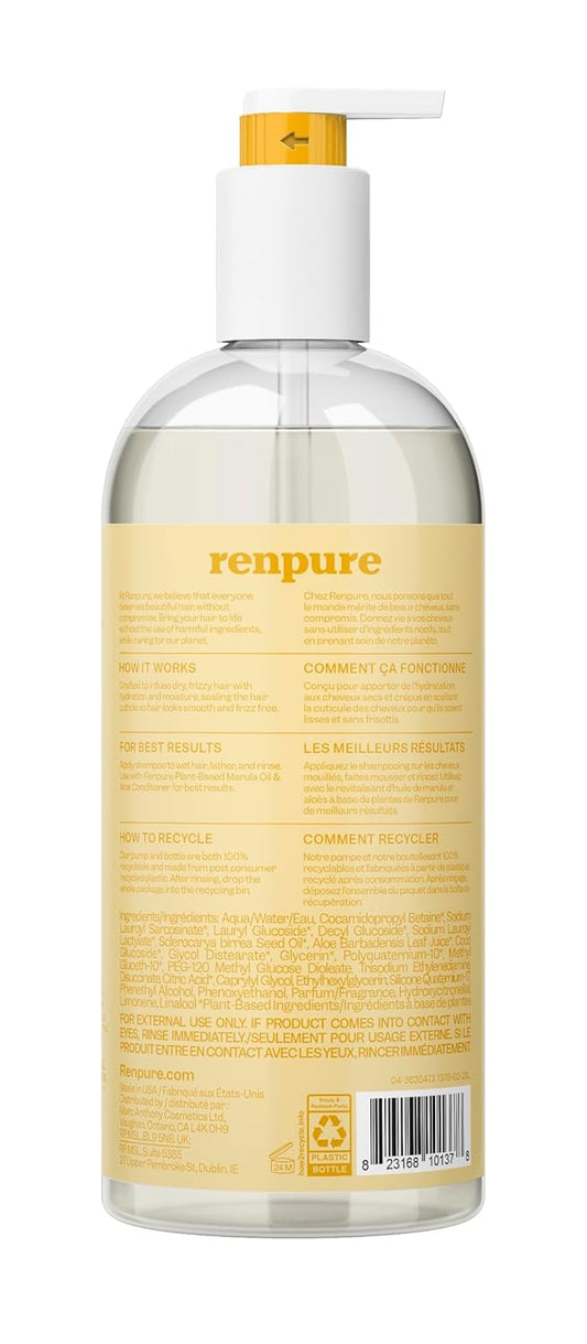 Renpure Plant Based Marula Oil And Aloe Ultra Smoothing Shampoo - Ideal For Dry, Frizzy Hair - Leaves Hair Hydrated - Rids Hair Of Grime - Paraben Free - Recyclable, Pump Bottle Design - 24 Fl Oz