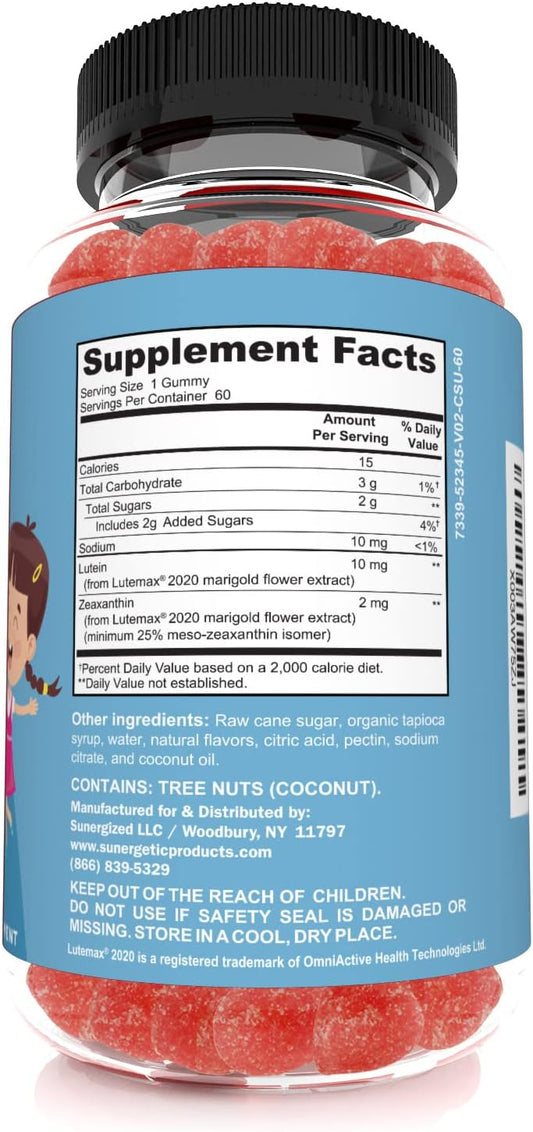 Sunergetic Premium Eye Support Gummies For Kids - Lutein With Zeaxanthin Supports Overall Eye Health, Vision & Macular Health - Lutein & Zeaxanthin Gummies With Lutemax 2020-60 Gummies