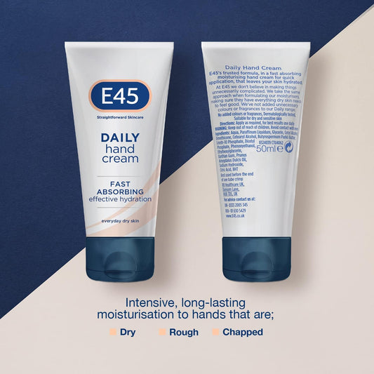 E45 Daily Hand Cream 50 ml – E45 Hand Cream for Very Dry Hands - Hand Moisturiser for Dry Skin and Sensitive Skin - Non-Greasy Hand Repair Cream for Soft and Supple Hands - Fast Absorption Formula