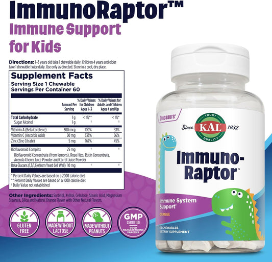 Kal Immunoraptor Kids Immune Support Chewables, Vitamin C And Zinc For Healthy Cell Function, Dinosaur Shaped, Orange Flavor, Gluten, Lactose, And Peanut-Free, Sweetened With Xylitol, 60 Servings