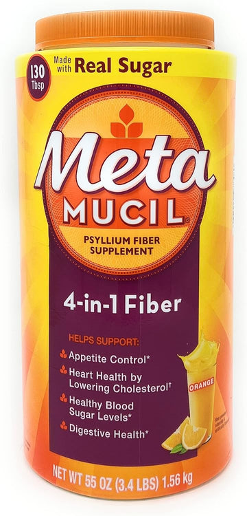 Metamucil Fiber 4-in-1 Psyllium Fiber Supplement Powder with Real Sugar, Orange (55 oz)