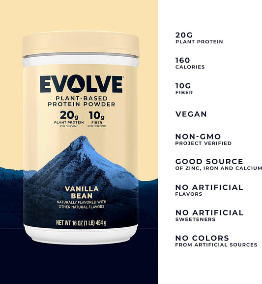 Evolve Plant Based Protein Powder, Vanilla Bean, 20G Vegan Protein, Dairy Free, No Artificial Flavors, Non-Gmo, 10G Fiber, Amazon Exclusive, 2 Pound (Packaging May Vary)