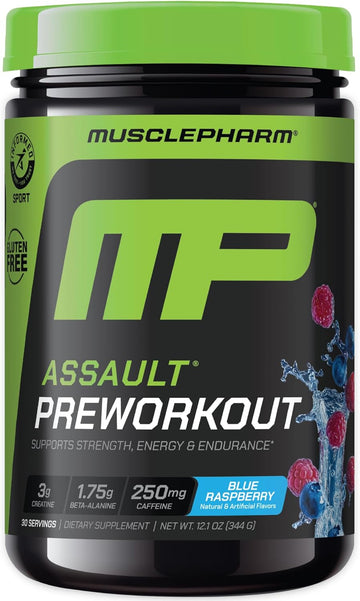 Muscle Pharm Assault Energy & Strength Pre Workout Powder For Men & Women With Beta Alanine, Caffeine, Creatine & Betaine Anhydrous, Pre-Workout Supplements, 30 Servings, Blue Raspberry Flavor