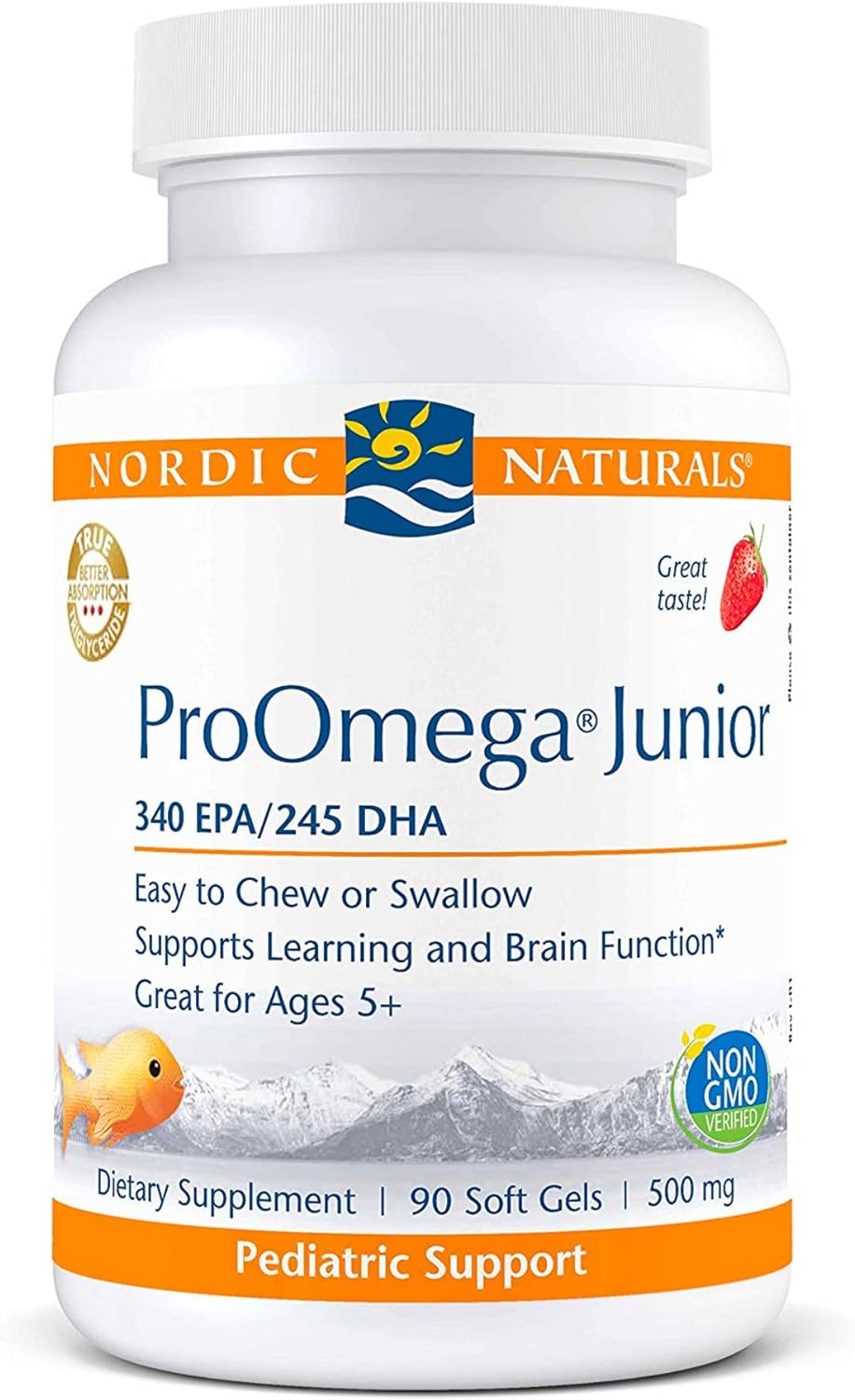 Nordic Naturals ProOmega Junior - Fish Oil, 340 mg EPA, 245 mg DHA, Support for Healthy Neurological, Nervous System, Eye, and Immune System Development*, Strawberry Flavor, 90 Soft Gels