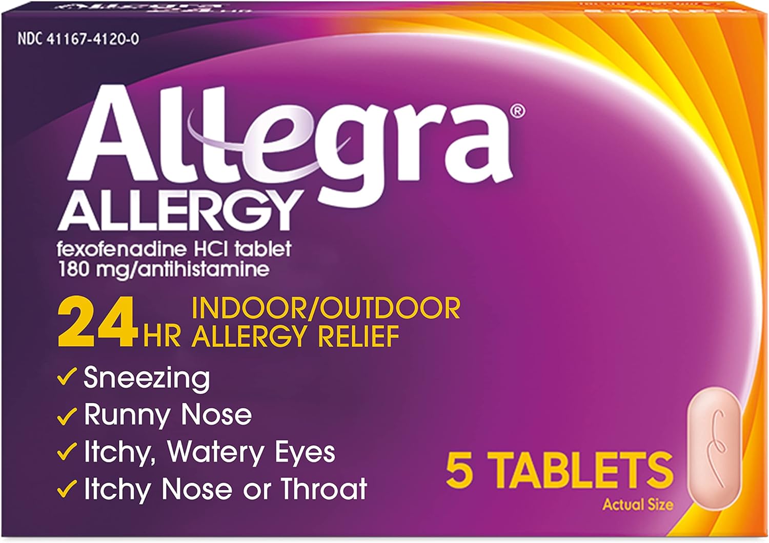 Allegra Adult 24Hr Non-Drowsy Antihistamine, 5 Tablets, Fast-Acting Allergy Symptom Relief, 180 Mg