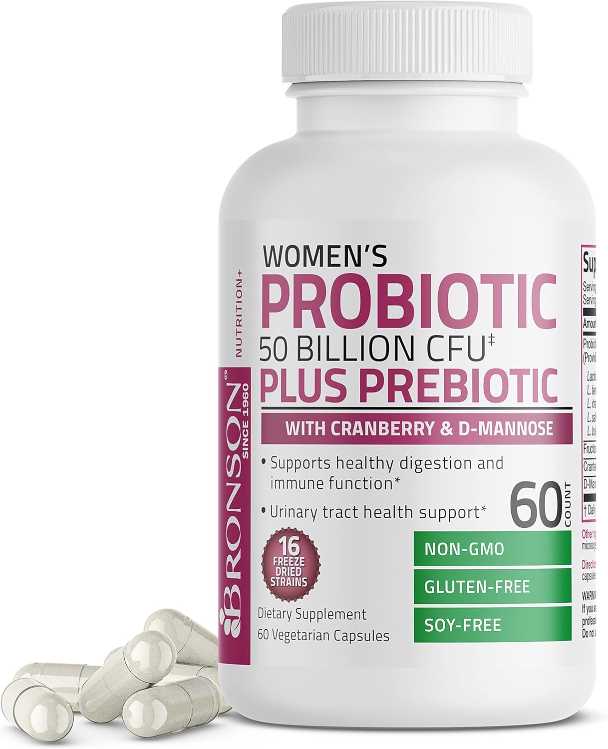 Bronson Women's Probiotic 50 Billion CFU + Prebiotic with Cranberry & D-Mannose – Vaginal Health, Healthy Digestion, Immune Function and Urinary Tract Support, Non-GMO, 60 Vegetarian Capsules : Health & Household