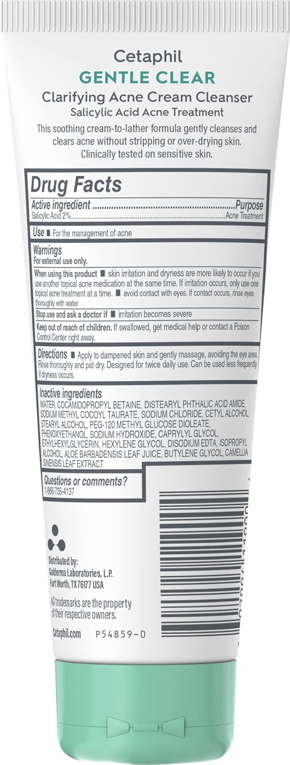 Cetaphil Acne Face Wash, Gentle Clear Clarifying Acne Cream Cleanser With 2% Salicylic Acid, Deep Cleans & Treats Acne Prone Skin, Skin Care For Sensitive Skin, 4.2Oz