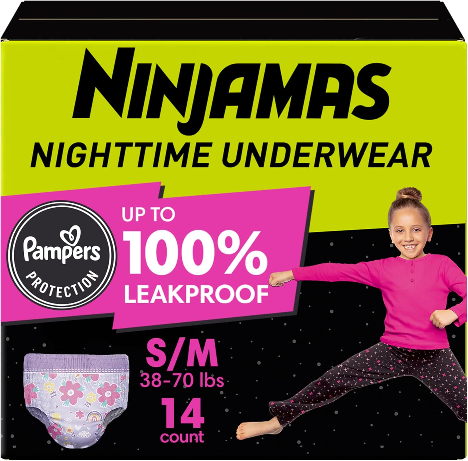 Pampers Ninjamas Nighttime Bedwetting Underwear Girls - Size S/M (38-70 Lbs), 14 Count