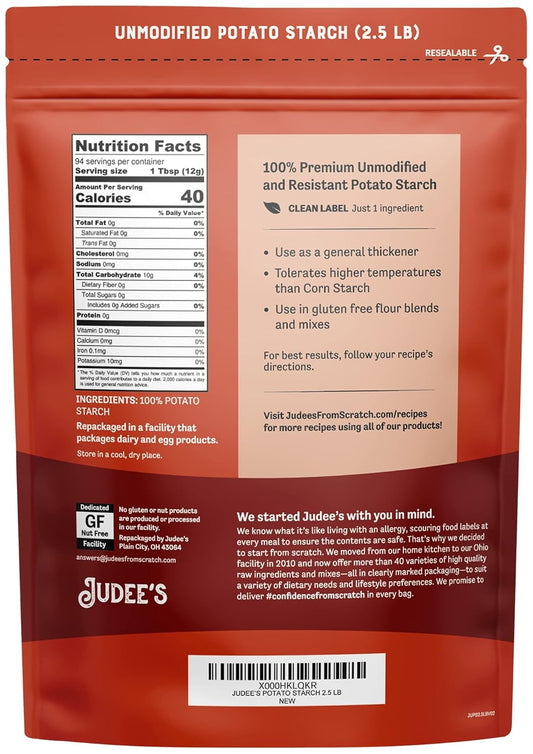 Judee’s Unmodified Potato Starch 2.5 lb - Just One Ingredient - Great for Breading, Thickening, Cooking, and Baking - 100% Non-GMO, Gluten-Free, and Nut-Free - Resistant to High Temperatures