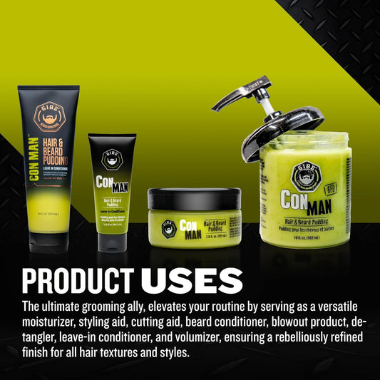 Gibs Con Man Hair & Beard Pudding - Leave In Conditioner - Curl Definer - Moisturizer - 8 Oz Squeeze Tube