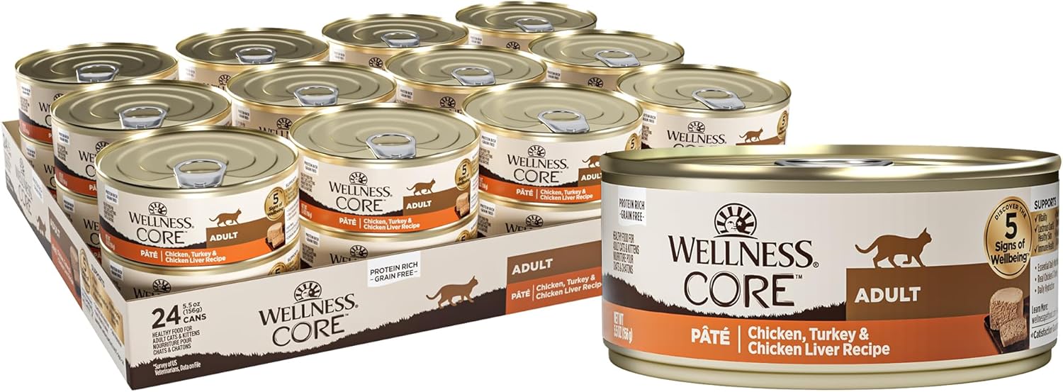 Wellness Core Grain-Free Wet Cat Food, Natural Canned Food For Cats, Made With Real Meat (Chicken, Turkey & Chicken Liver Pate, 5.5 Oz Cans, Pack Of 24)