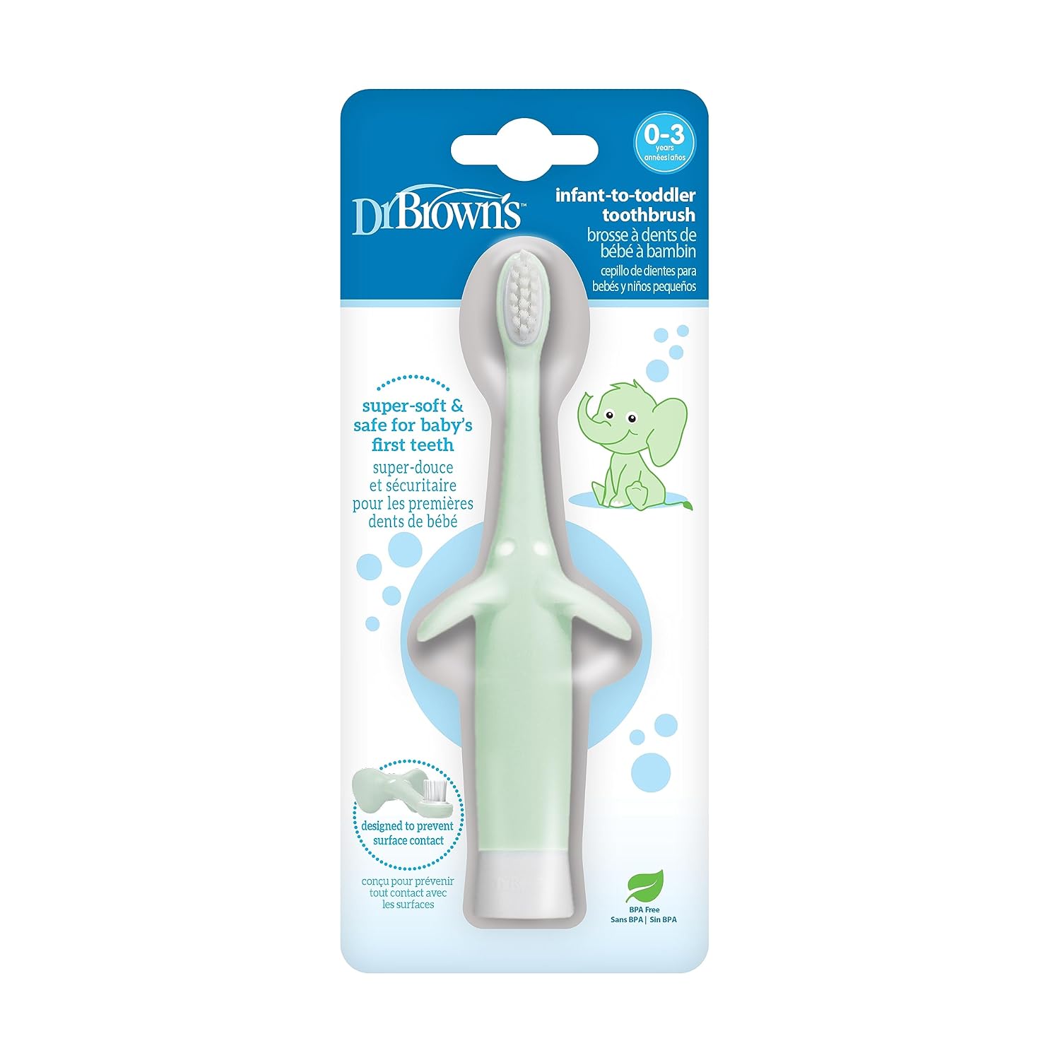 Dr. Brown'S Infant-To-Toddler Toothbrush, Elephant, Mint, 0-3 Years