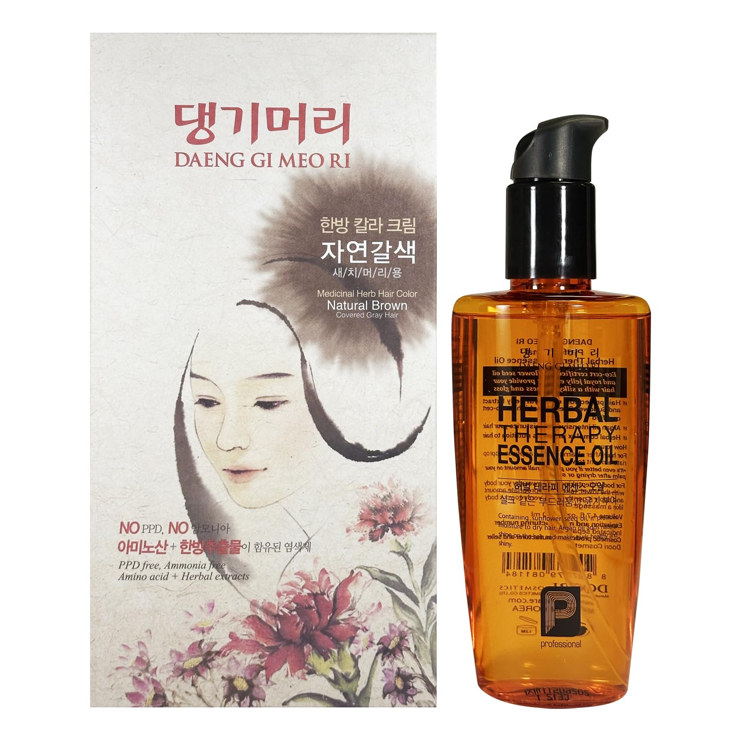 Daeng Gi Meo Ri – Korean Herbal Hair Dye Color Cream [Natural Brown] - Ppd-Free Gray Hair Protection, High-Keratin Formula, 5 Oz + Bonus Professional Herbal Therapy Essence Oil, 140Ml