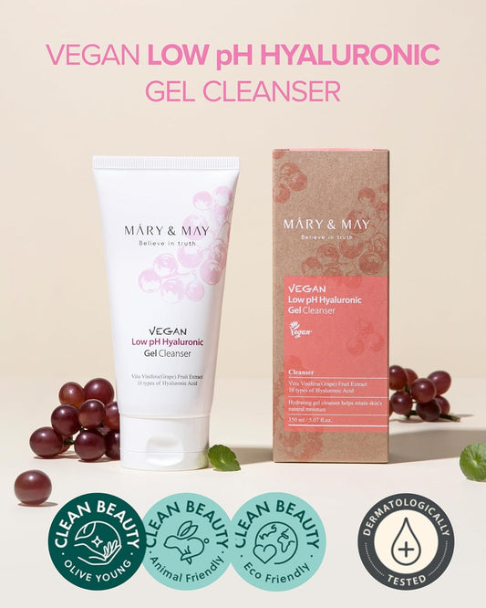 Mary&May Vegan Low Ph Hyaluronic Gel Cleanser - Ph-Balanced Non-Irritating Gel To Foam Hydrating Face Wash For Sensitive Skin - With Hyaluronic Acid, Grape And Cica Extract, 5.07 Fl.Oz