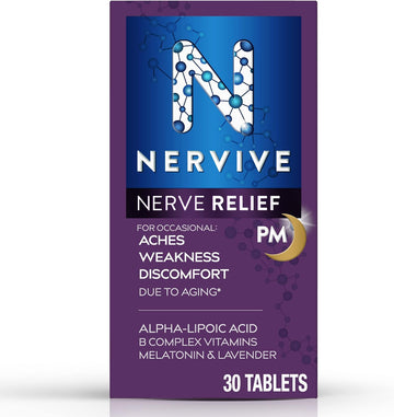 Nervive Nerve Relief PM, with Alpha Lipoic Acid, to help Reduce Nerve Aches, Weakness, & Discomfort in Fingers, Hands, Toes & Feet*?, Vitamins B1&B6, Melatonin, Chamomile, Lavender, 30 Nightly Tablets