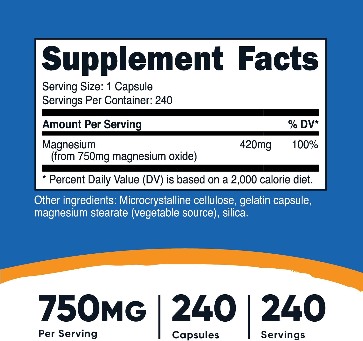 Nutricost Magnesium Oxide 750mg, 240 Capsules - 420mg of Magnesium, Non-GMO, Gluten Free