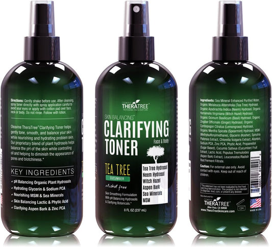 Clarifying Toner With Msm, Tea Tree & Neem Hydrosol, Complexion Control For Face & Body – Helps Reduce Appearance Of Pore Size, Controls Oil To Tone, Balance & Hydrate Skin - 8 Oz