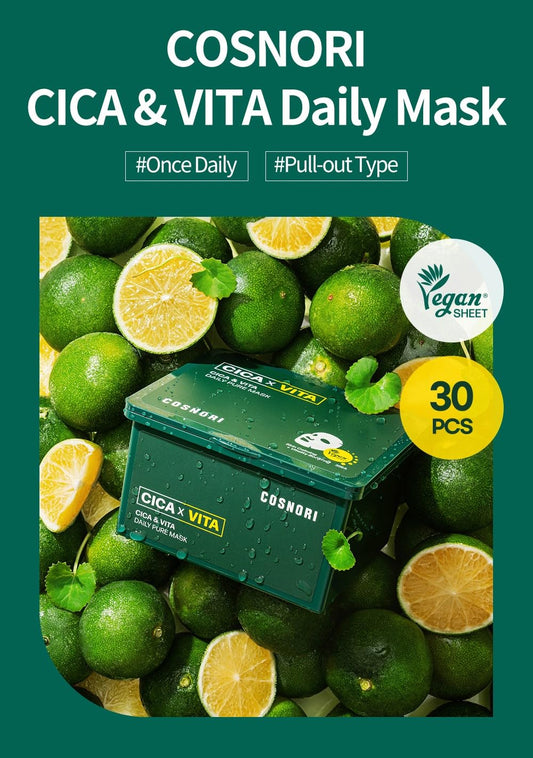 Cosnori Cica & Vita Daily Pure Mask - Vegan Daily Mask Sheet, Convenient & Quick Soothing, Vitality Boosting Care, 100% Pure Lyocell Sheet, 30 Sheets/11.8 Fl Oz