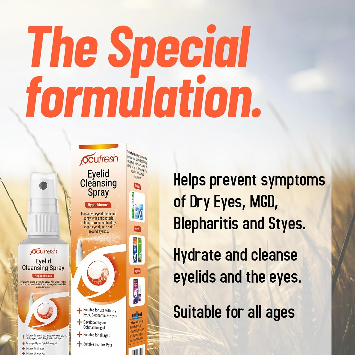 Ocufresh Eyelid Cleansing Spray - Hypochlorous - MGD, Blepharitis & Stye Relief - Antibacterial, Alcohol & Fragrance-Free, pH Neutral - with Atomizer Spray- Daily Use-100ml : Amazon.co.uk: Beauty
