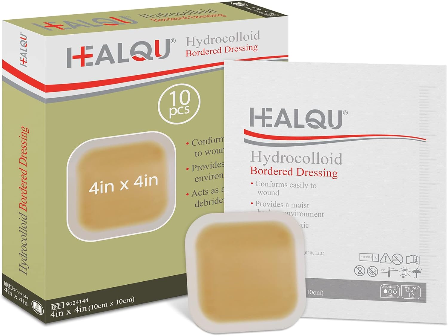 Healqu Hydrocolloid Wound Dressing 4X4" Bordered – Sterile Bandages For Bed Sores, Abrasions & Wounds, 10 Count