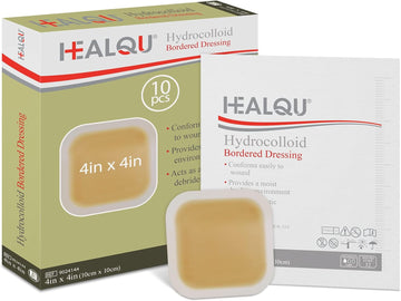 Healqu Hydrocolloid Wound Dressing 4X4" Bordered – Sterile Bandages For Bed Sores, Abrasions & Wounds, 10 Count