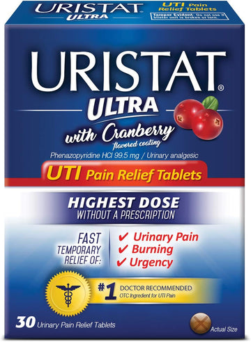 Uristat Ultra UTI Pain Relief Tablets, Fast Urinary Tract Infection Relief of Urinary Pain, Burning, Urgency, Maximum Strength, Cranberry Flavored Coating, 30 Tablets