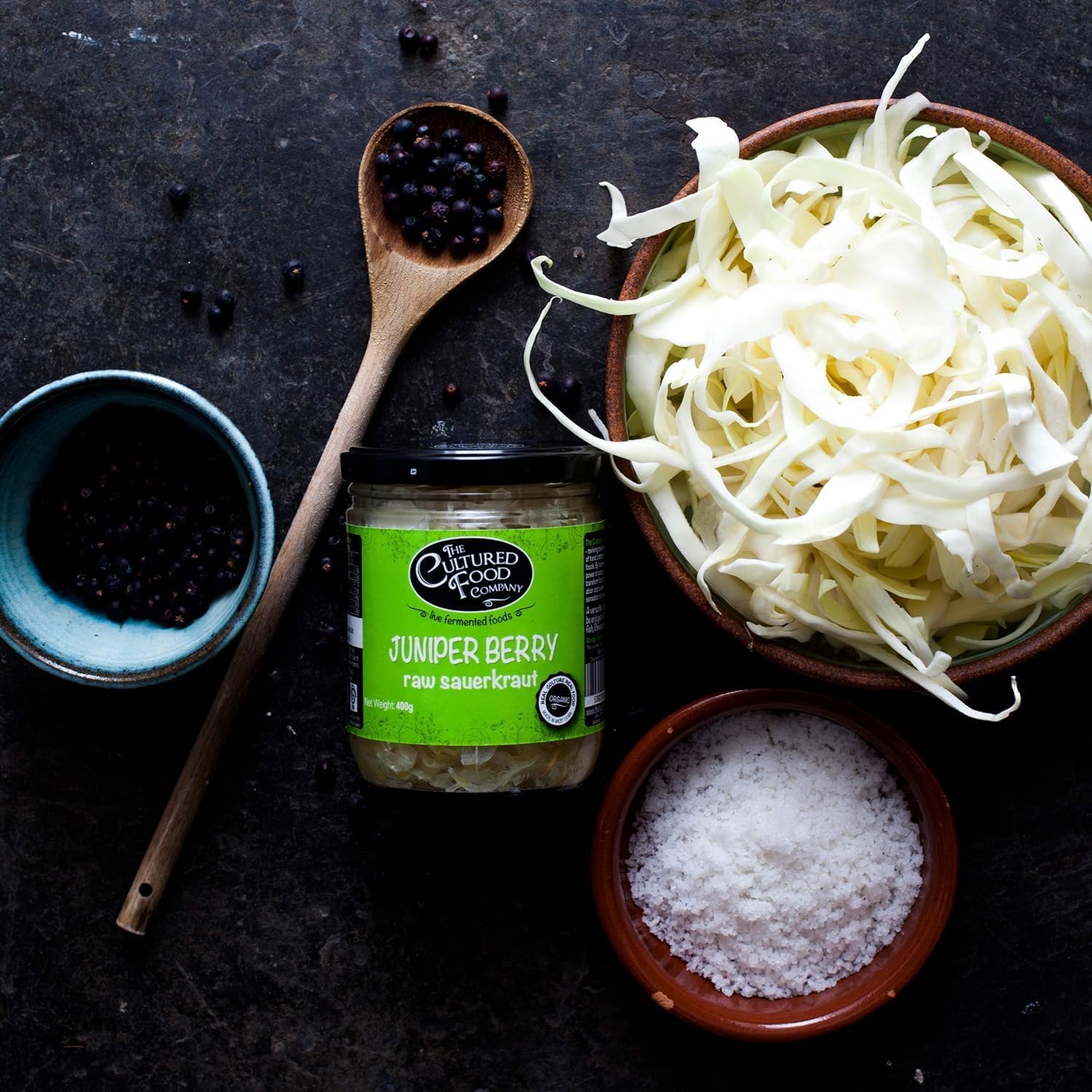 The Cultured Food Co. - Juniper Berry With Lemon And Cracked Black Pepper Sauerkraut 400G Jar X 2 - Organic, Probiotic, Raw & Unpasteurised -Traditionally Fermented -Handmade - No Preservative-Vegan