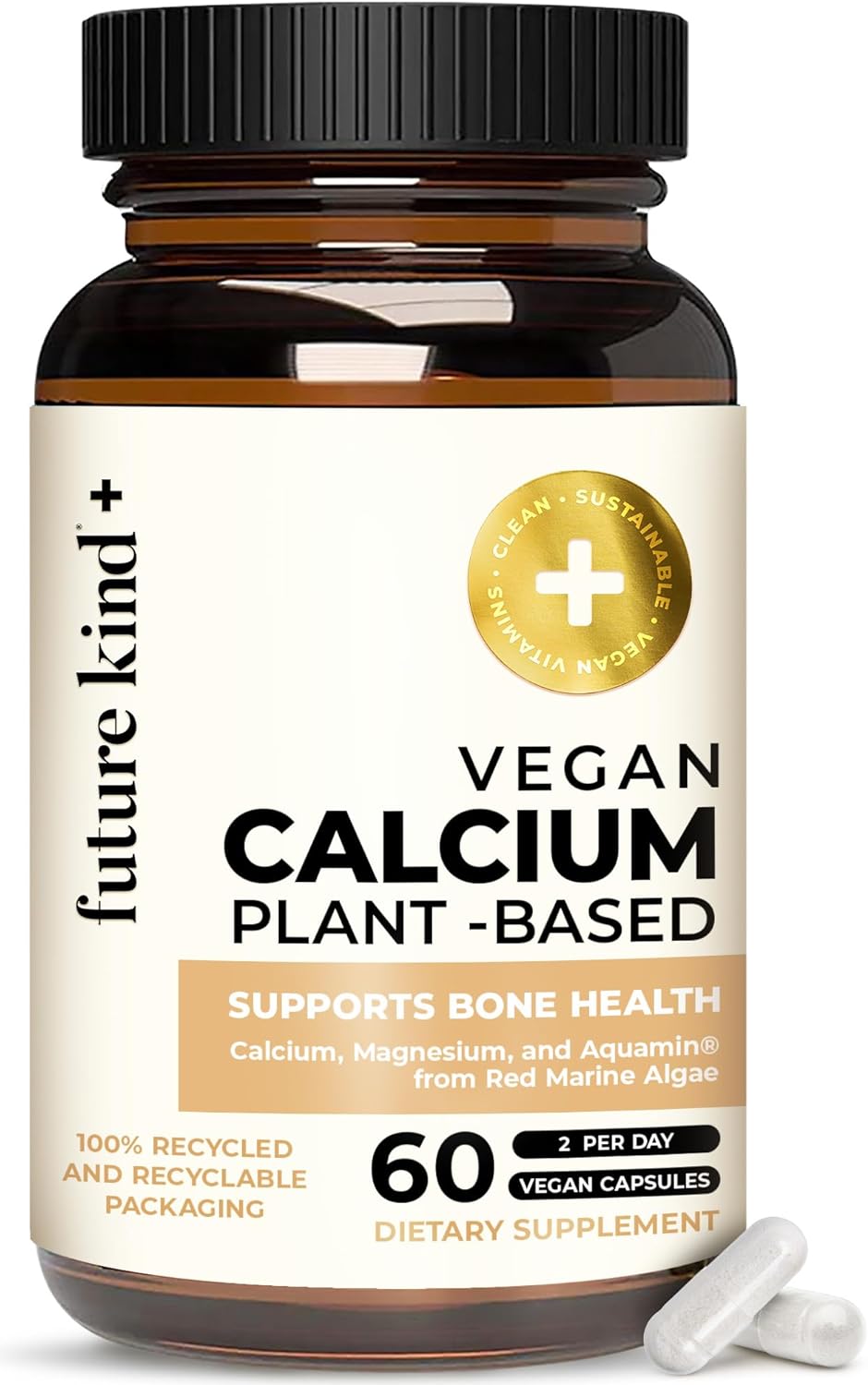 Future Kind Vegan Calcium Supplement (60 Capsules) - Plant-Based Calcium Magnesium Supplement Sourced from Iceland for Teeth and Bone Support - Calcium Supplements for Women & Men