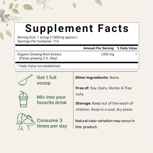 Micro Ingredients Maximum Strength Organic Korean Ginseng Root 200:1 Powder, 4 Ounce, Red Panax Ginseng Powder, Active Ginsenosides, Vegan Friendly