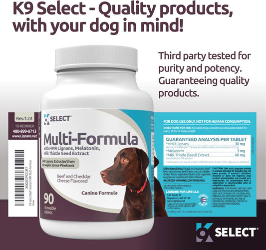 K9 Select Multi-Formula Dog Vitamins With 30Mg Hmr Lignans, 3Mg Melatonin For Large Dogs, 60Mg Milk Thistle - 90 Tablets - Pet Melatonin For Dogs, Beef Flavor