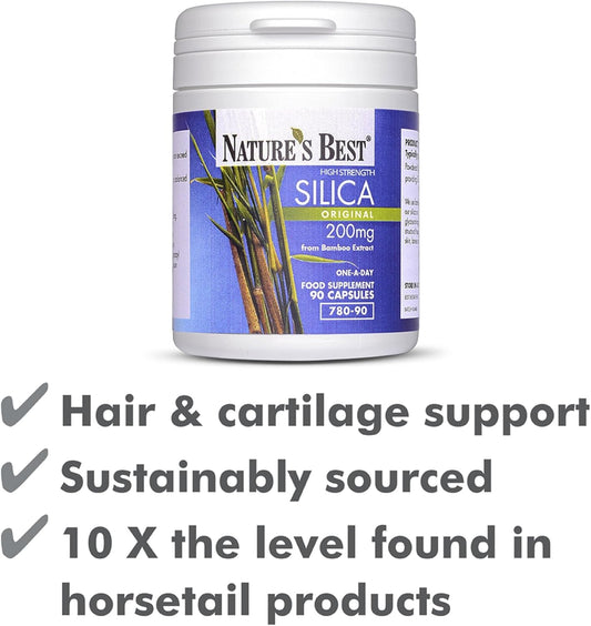 Silica 200Mg | High Strength Naturally Sourced Silica Supplement | For Skin Health And Mobility | 90 One-A-Day, Vegan Capsules | From Bamboo Extract | Uk Made