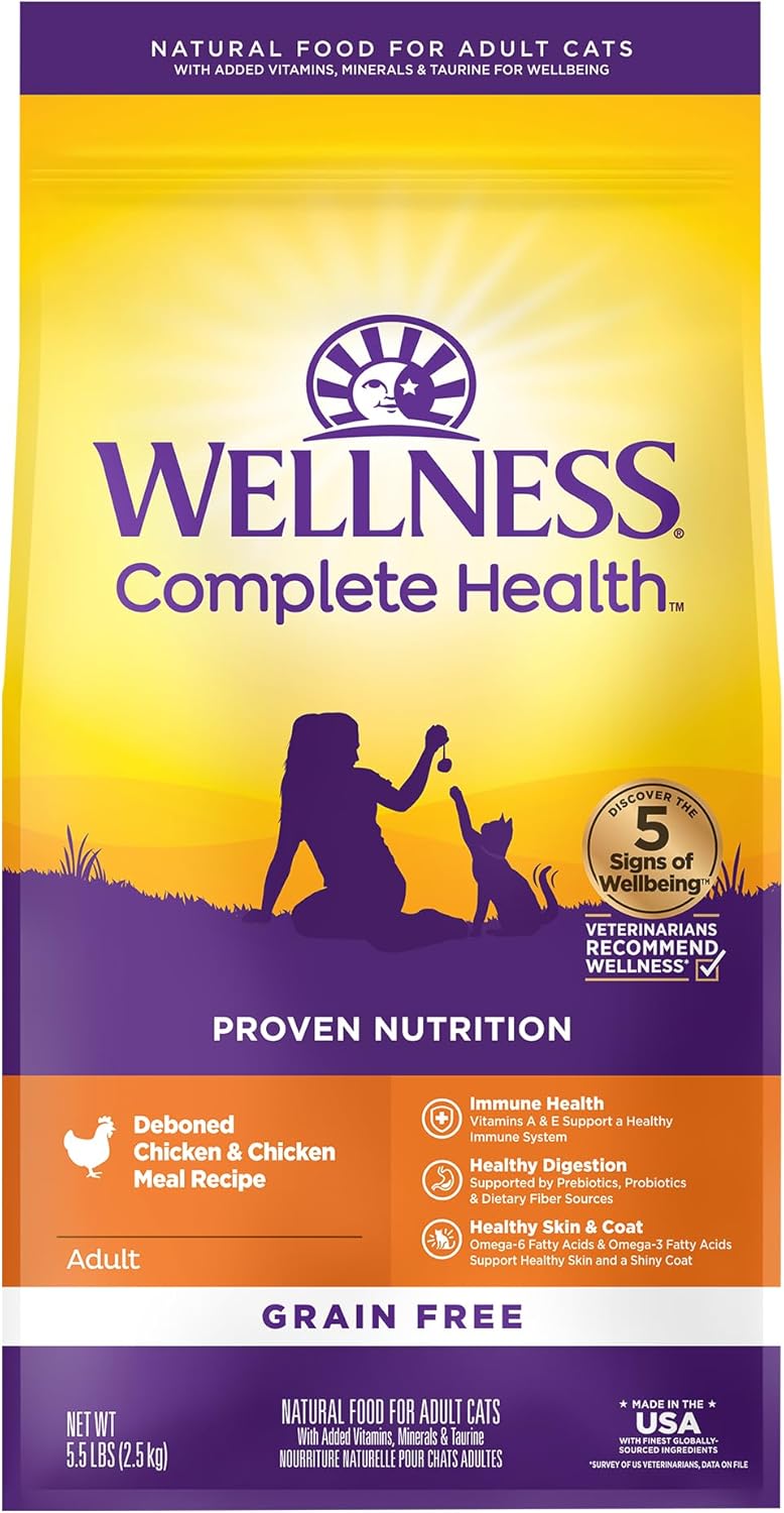 Wellness Natural Pet Food Complete Health Natural Grain Free Deboned Chicken & Chicken Meal Dry Cat Food, 5.5 Pound Bag