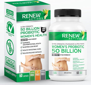 Renew Actives Probiotics For Women 50 Billion Cfu Per 2 Capsules – Maktrek Technology, 4 Probiotic Strains & Prebiotic Blend– Supports Digestion Health & Gut Flora Balance– Made In Canada– 60 Capsules