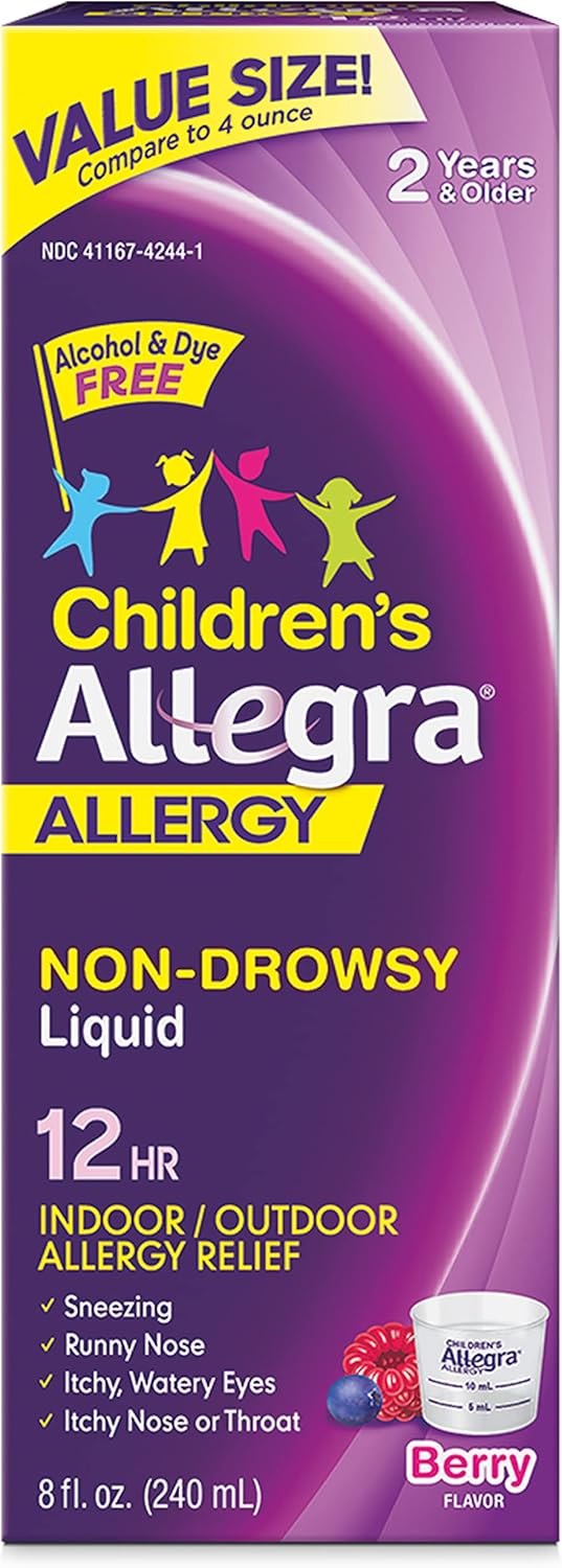 Allegra Children'S 12Hr Allergy Relief Non-Drowsy Antihistamine Liquid, Berry Flavor, Alcohol-Free & Dye-Free, Fexofenadine Hcl, 8 Oz