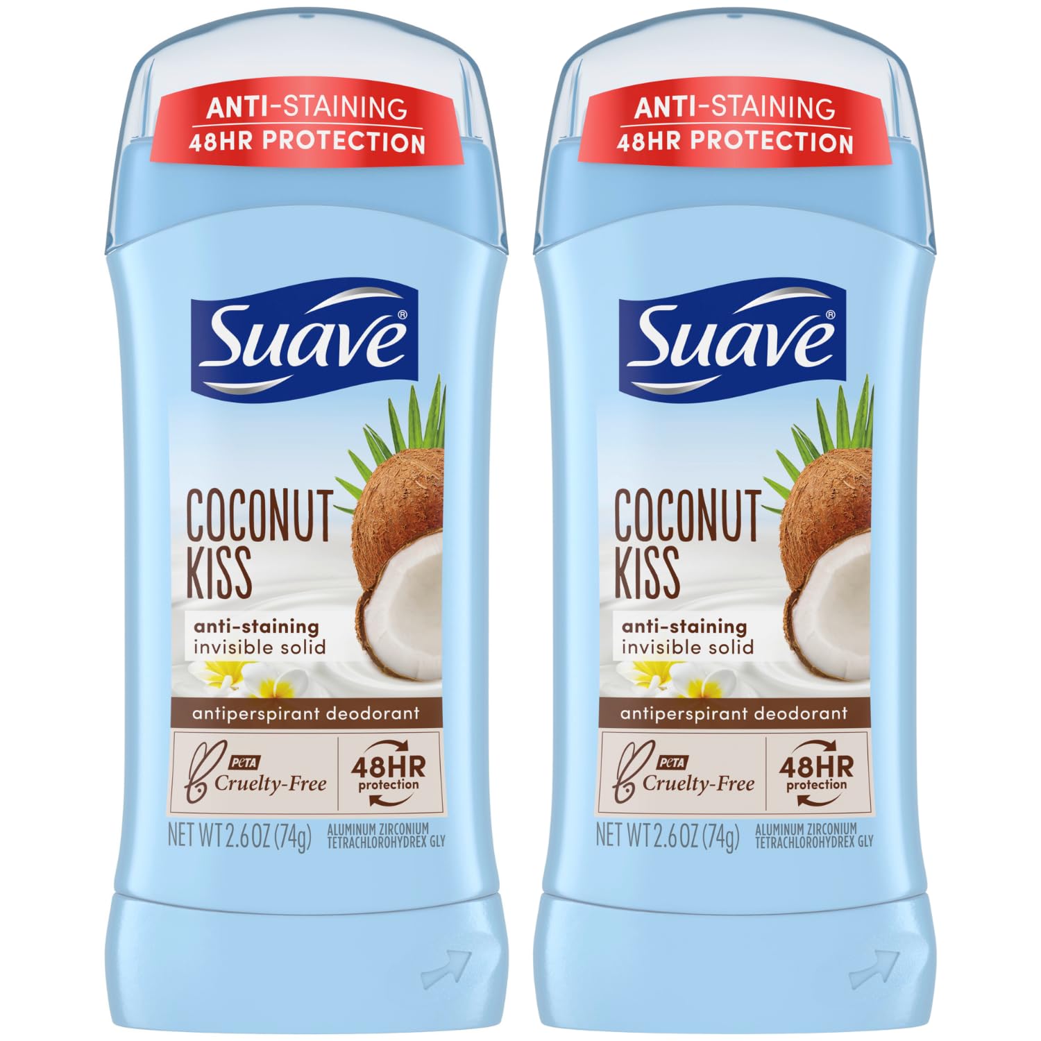 Suave Deodorant for Women, Coconut Kiss – Invisible Solid Antiperspirant Deodorant Stick, 48H Protection, Anti-Staining, Cruelty-Free, Scented, 2.6 Oz (Pack of 2)