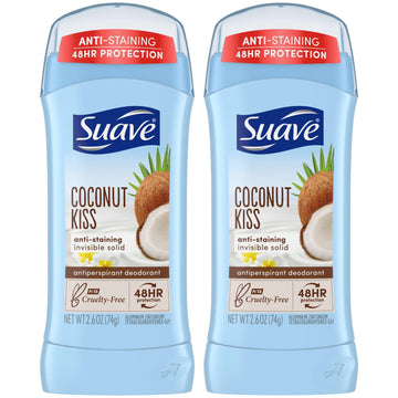 Suave Deodorant For Women, Coconut Kiss – Invisible Solid Antiperspirant Deodorant Stick, 48H Protection, Anti-Staining, Cruelty-Free, Scented, 2.6 Oz (Pack Of 2)