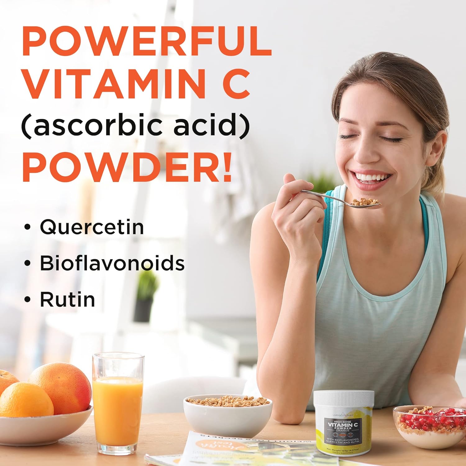 Livingood Daily High Dose Vitamin C Powder Supplement - 2,600mg Ascorbic Acid Powder Supports Immunity & Skin Health - Powdered Vitamin C with Quercetin & Citrus Bioflavonoids - Vegan, 30 Servings : Health & Household