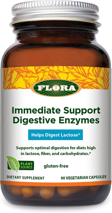 Flora - Immediate Support Digestive Enzymes - Supports Lactose Digestion, Bloating, Heartburn & Gas - Contains 7 Enzymes - Gluten-Free - 90 Vegetarian Capsules