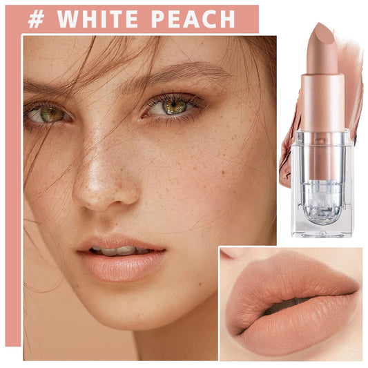 2Pcs Matte Nude Lipstick Set Velvet Lip Gloss Non-Fading Non-Sticky Cup Nude Lipstick Matte Lip Stain Long Lasting Waterproof Lipstick For Women Girls Daily Lip Makeup-White Peach+Flesh Pink