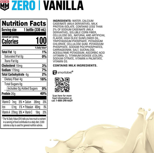 Muscle Milk Zero Protein Shake, Vanilla Crème, 20G Protein, Zero Sugar, 100 Calories, Calcium, Vitamins A, C & D, 4G Fiber, Energizing Snack, Workout Recovery, Packaging May Vary 11.16 Fl Oz (Pack Of 12)