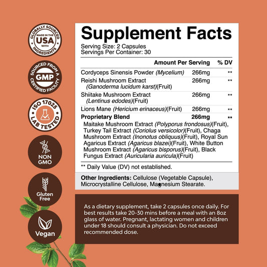 Extra Strength Mushroom Complex Capsules - 10X Lions Mane Mushroom Supplement Capsules with Reishi Chaga Cordyceps & More - 1330mg Adaptogenic Mushroom Nootropics Brain Support Supplement (1 Month)