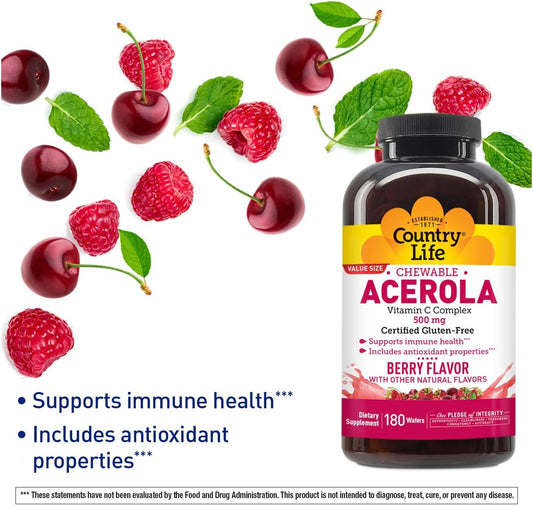 Country Life Acerola Vitamin C Complex, 500Mg, Chewable Berry Flavored Wafers, Supports Immune Health, 180 Wafers, Certified Gluten Free By Gfco , Certified Vegan By Ava