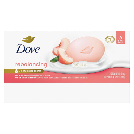 Dove Beauty Bar Soap Rebalancing White Peach & Rice Milk 6 Count For A Nourished And Moisturized Skin, With ¼ Moisturizing Cream Plant-Based Formula, 3.75 Oz
