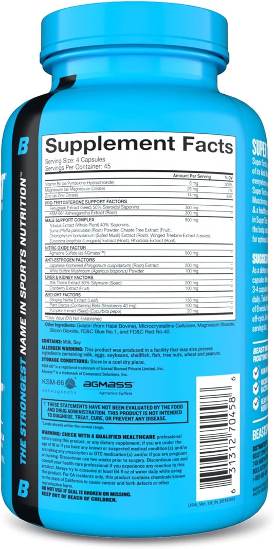 Beast Sports Nutrition Super Test - 180 Capsules - Boost Natural Testosterone Levels - Maximize Strength, Burn Body Fat, Faster Recovery & Increase Performance - 45 Servings